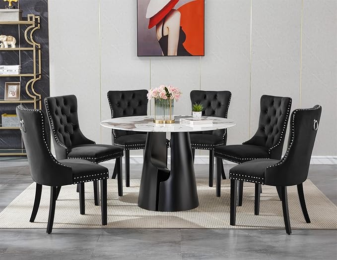 7-Piece Faux Marble Round Dining Table Set for 6, Modern Luxury Kitchen Table Set for 6 with Black Tufted Chairs,Circle Dining Tables with Pandora Grain Top and Black Pedestal Base