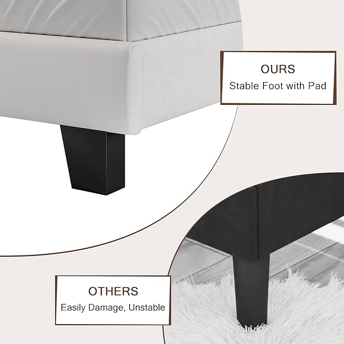 King Upholstered Bed Frame with Headboard, Button Tufted Linen Bed Base, Platform Bed with Wood Slat, Heavy Duty, Easy Assembly, No Box Spring Needed, White