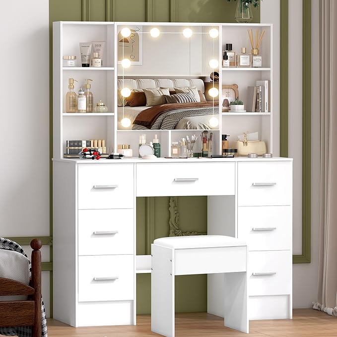 White Vanity Desk with Lighted Mirror, Large Makeup Vanity Table with Drawers and Chair, Bedroom Dressing Table Set for Teen Girls and Adult Women