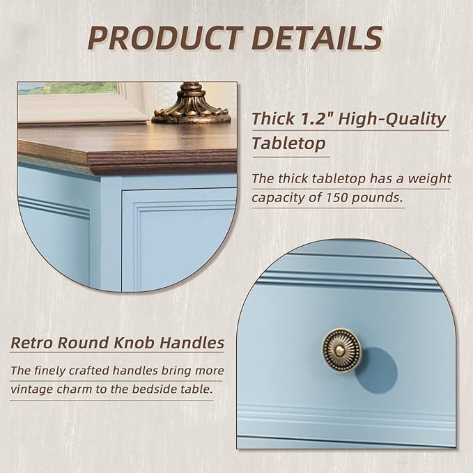 24" Wide Farmhouse Night Stand Set of 2,Large End Table with 3 Drawers & Metal Handle,Wood Dresser for Bedroom Cabinet,Light Blue Bed Side Table Chest of Drawers,Nightstand for Living Room