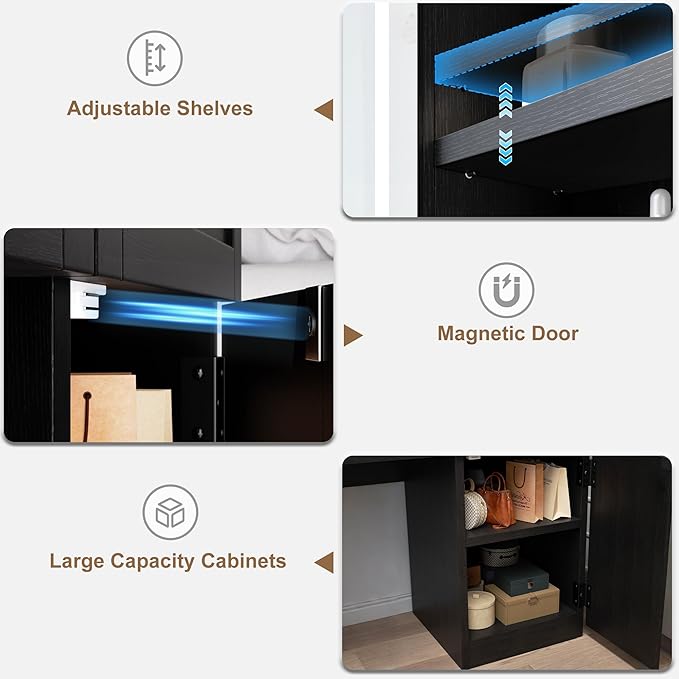 Farmhouse Makeup Vanity Desk with Sliding Mirror and Lights, Glass Desktop Makeup Vanity Desk with Charging Station, 3-Tier Hidden Slide-Out Vanity Shelves, Jewelry Storage Cabinet, 2 Drawers-Black