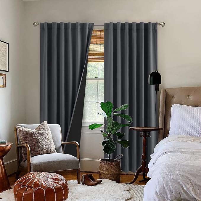 BGment 100% Blackout 80 Inch Curtains with Thermal Insulation Liner, 52 x 80 Inch Rod Pocket and Back Tab Double Layer Room Darkening Window Treatment Curtain for Living Room (2 Panels, Dark Grey)