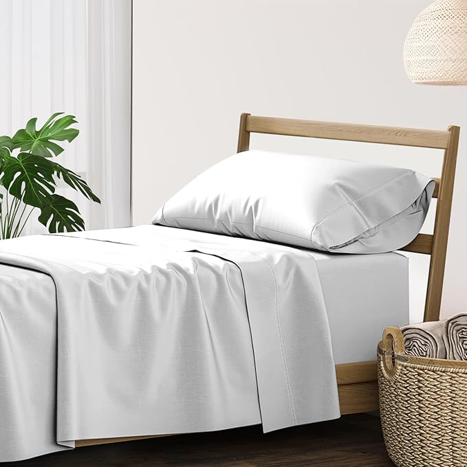 XOOX Linen 100% Cotton Twin XL Sheet Sets - 500 Thread Count Twin XL Sheets Cotton, Extra Soft, Sateen Weave, Cooling Deep Pocket Bed Sheet for Dorm Room, Luxury Hotel Quality Bedding (3 PC, Silver)