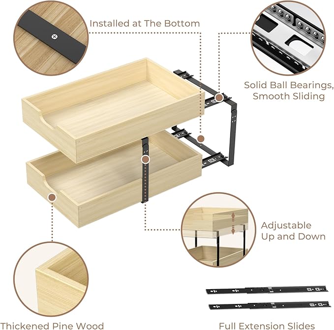 COOLBEBE Pull Out Drawer Organizer for Cabinets, 2 Tier Soft Close Cabinet Drawers Slide Out, 2 Layer Wood Double Tier Pull Out Shelves for Kitchen, Pantry, Bathroom