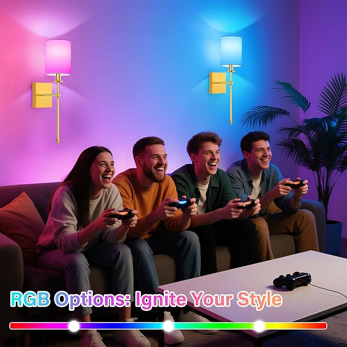 19.9 Inch Wall Sconces Battery Operated Set of 2, Rechargeable Wireless Wall Sconces Lights with Remote, Not Hardwired Dimmable Gold Wall Lamps with White Fabric Shade for Bedroom, 2 Bulbs Included