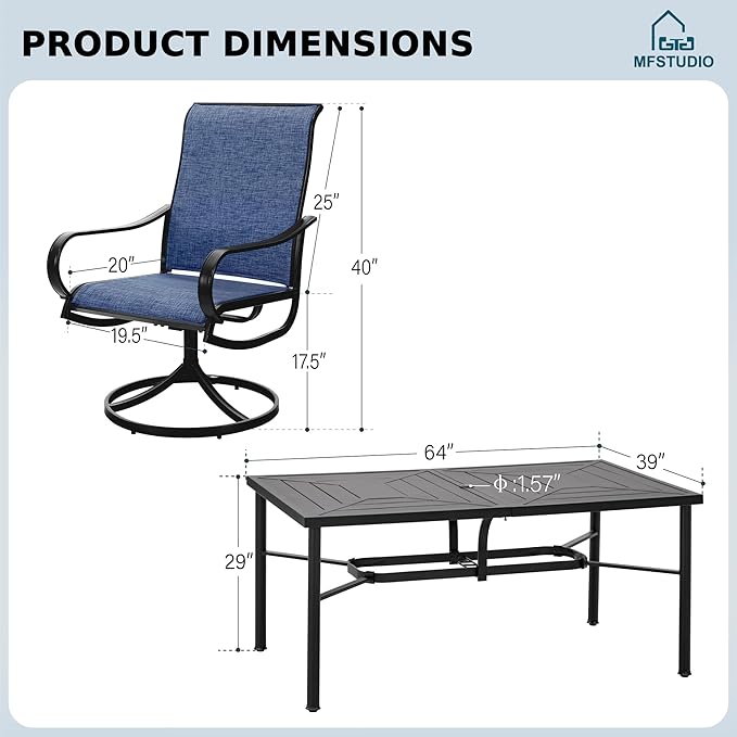 MFSTUDIO Patio Table and Chairs Set, Patio Dining Set for 6 with Umbrella Hole, Outdoor Patio Furniture Set for Deck, Backyard, Poolside & Garden