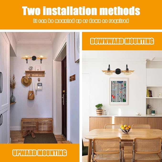 2 Light Bathroom Vanity Light Black Wall Sconce with Amber Flower Glass Shade mid Century Wall Light Vintage Wall Sconce Matte Black Vanity Light Over Mirror for Bedroom Hallway Living Room