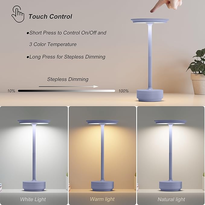 Rechargeable Table Lamps Cordless, Portable 5000mAh Outdoor Table Light, 3 Color Stepless Dimming LED Table Lamp with Memory Function, for Home/Dinner/Patio/Restaurant.(Light Purple)