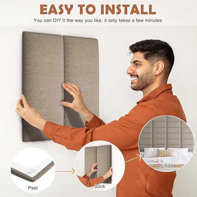 IFNOW Upholstered Wall Mounted Headboard, 3D Soundproof Wall Panels Peel and Stick for Queen Size, Reusable and Removable Tufted Bed Headboard in Linen (9 Panels, 10" x 24")