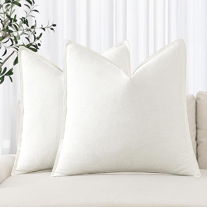 MIULEE Decorative Linen Pillow Covers 16x16 Inch Cream White Boho Farmhouse Neutral Couch Throw Pillows Christmas for Bed Pack of 2 Accent Modern Pillowcase Sofa Livingroom Home Decor
