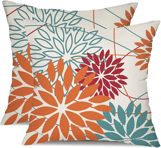 Orange and Red Floral Pillow Covers 20x20 Set of 2 Outdoor Waterproof Decorative Throw Pillows Fall Pillow Covers Polyester Cushion Case Decor for Couch Patio Funiture Garden Porch 01W20