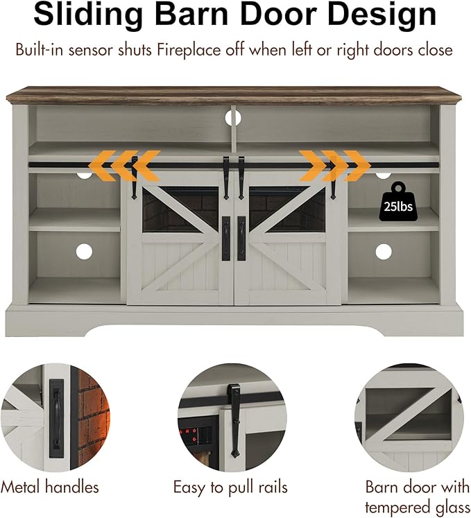 Fireplace TV Stand for 70" TV, Farmhouse Entertainment Center with 26” Fireplace Heater, Auto-Power-Off Door Sensor, TV Console with Sliding Barn Door, Adjustable Shelves, Jasmine White