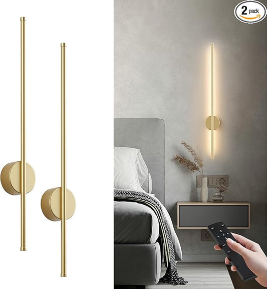 Battery Operated Modern Wall Sconces,Dimmable Wireless Wall Light Set of Two with Remote Control,3 Color Temperatures,Rechargeable LED Wall Sconce for Bedroom,Living Room,Hallway,27.6 Inch,Matte Gold