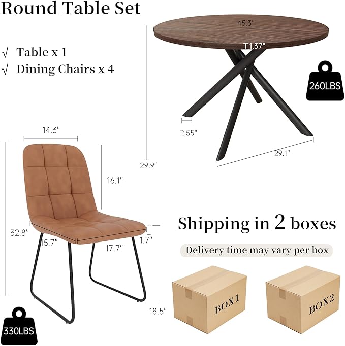 45.3 Inch Round Dining Table Set for 4, Mid Century Modern Small Coffee Set for Dining Room Kitchen Apartment (Walnut Table + 4 U-Shaped Brown Chairs)