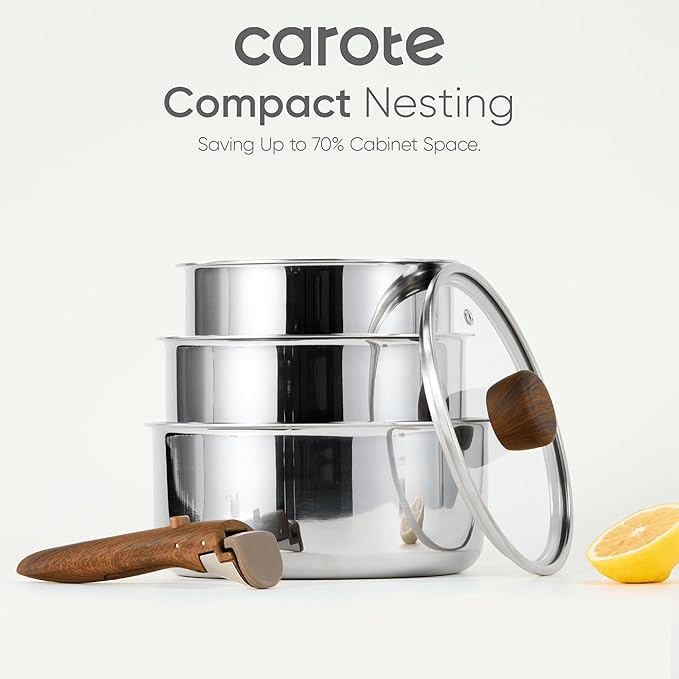CAROTE Stainless Steel Sauce Pan with Detachable Handle, 8pcs Stainless Steel Pot, 1.5QT&2QT&3QT Saucepan with Lid, Non-Toxic Induction Kitchen Cookware, Removable Handle, Oven Safe, Woodgrain