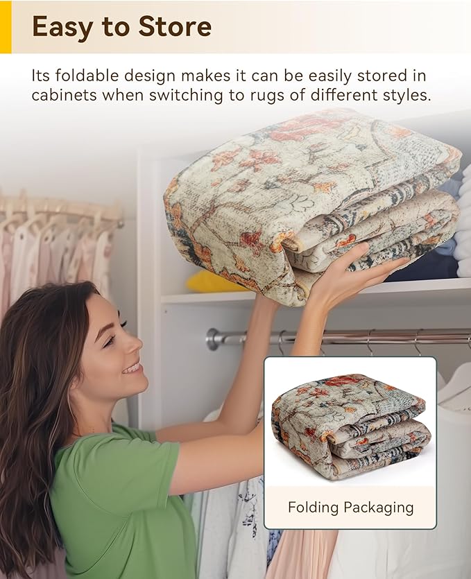 Area Rugs 6ft Washable Non-Slip, Floral Vintage Distress Print Pattern Medallion Carpet for Living Room Bedroom Dining Room, Beige Navy Blue Orange Colorful