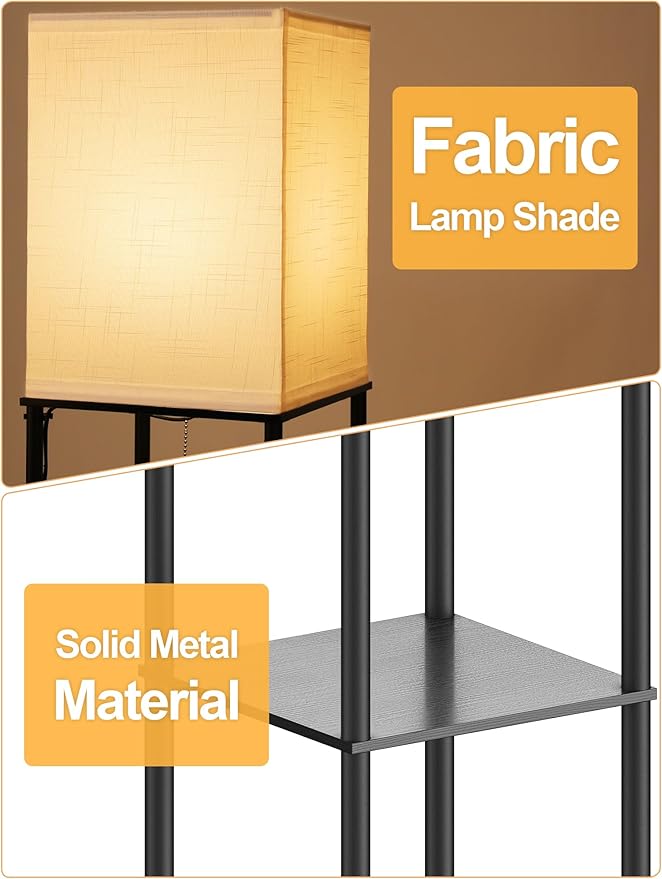 Floor Lamp with Shelves for Living Room 2 Pack, Shelf Floor Lamp with 3 CCT LED Bulb, Corner Display Standing Column Lamp Etagere Organizer Tower Nightstand with White Linen Shade for Bedroom, Office