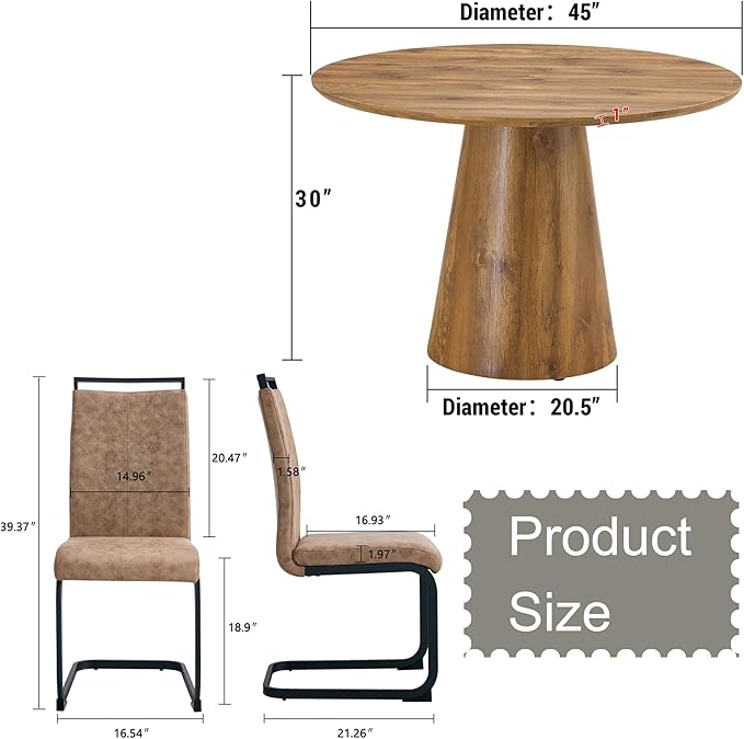 45 Inch Round Dining Table Set for 4, 5 Piece Kitchen Table and Chairs Set, Wooden Table with Light Walnut Finish, Small Space Dining Set for Apartment or Dining Room