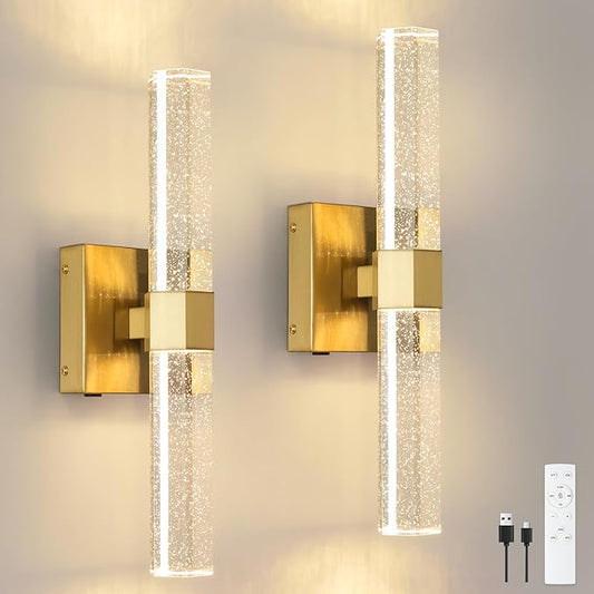 Battery Operated Crystal Wall sconces Set of 2,Rechargeable Modern Vanity Light Fixtures, 3000K-6000K Dimmable Gold LED Wireless Wall Lights for Bathroom Bedroom Living Room Hallway(2 Pack)