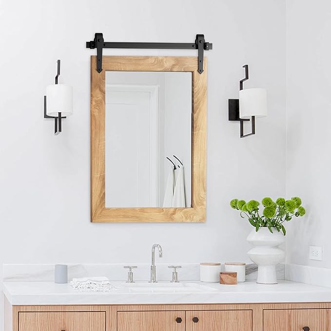 Farmhouse Bathroom Mirror 18" x 24" Rustic Wood Framed Wall Barn Door Mirror for Bathroom, Living Room, Bedroom Wall Decor (Brown)