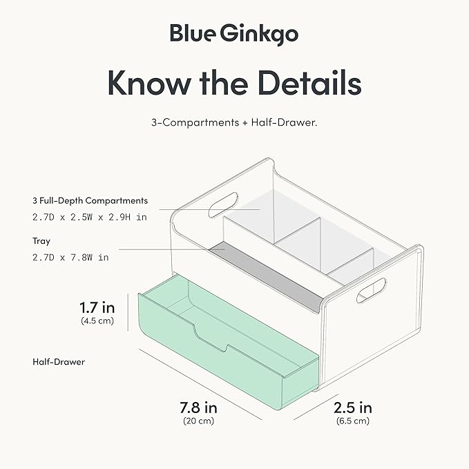 BLUE GINKGO Portable Desk Organizer – Compact 3 Compartment, Half-drawer Storage – Pen Holder, Stationery Desktop Organizer for Office, Makeup, Crafts (Made in Korea, Blue)