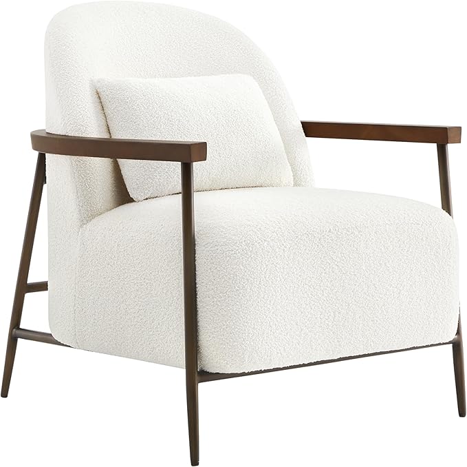 CHITA Accent Chair for Living Room, FSC Certified Modern Upholstered Faux Sherpa Fabric Armchair with Metal Frame and Wooden Armrests, White