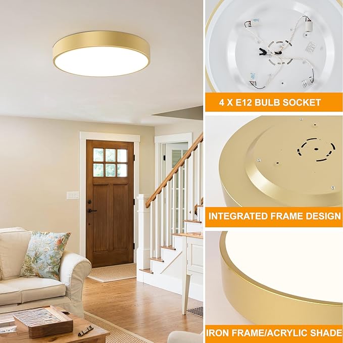 Large Gold Flush Mount Ceiling Light, 18 Inch Oversized Close to Lighting Fixtures, Minimalist Modern Style Round Lamp for Living Room, Bedroom, Kitchen Island (E12, 4-Light)