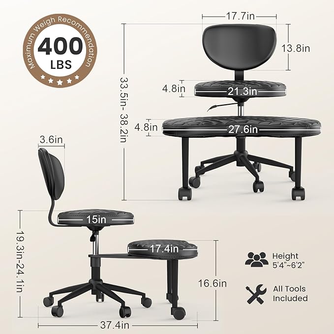 Cross Legged Office Chair, Ergonomic Criss Cross Design, Wide Comfy Desk Seat, ADHD Meditation Chair with Wheels, Adjustable Height Kneeling Chair with Back Support