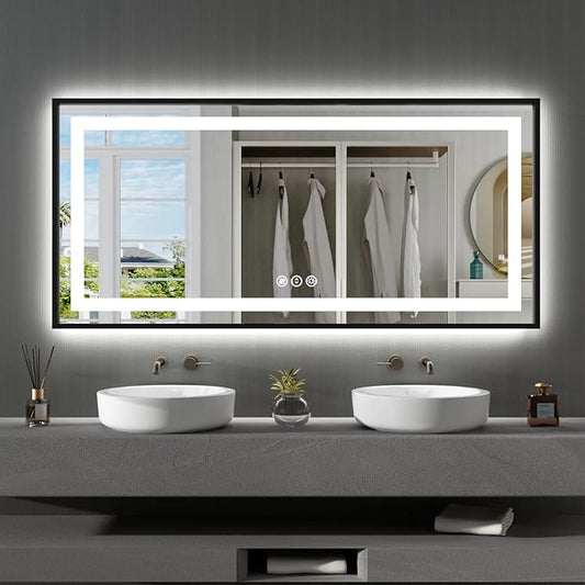 Amorho 60"x 28" Black LED Mirror for Bathroom, Front Light and Backlit Framed, Stepless Dimmable, Anti-Fog, Shatter-Proof, Memory, 3 Colors, Double LED Vanity Mirror