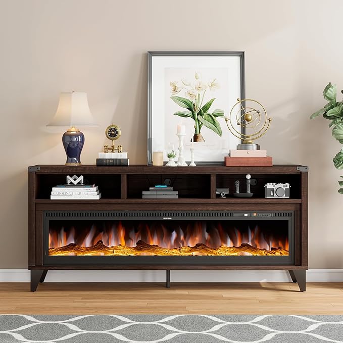 65“ Farmhouse Fireplace TV Stand, Industrial Entertainment Center with 60" Tempered Glass Electric Fireplace, Media Console with Open Storage Space for TVs up to 75", Espresso