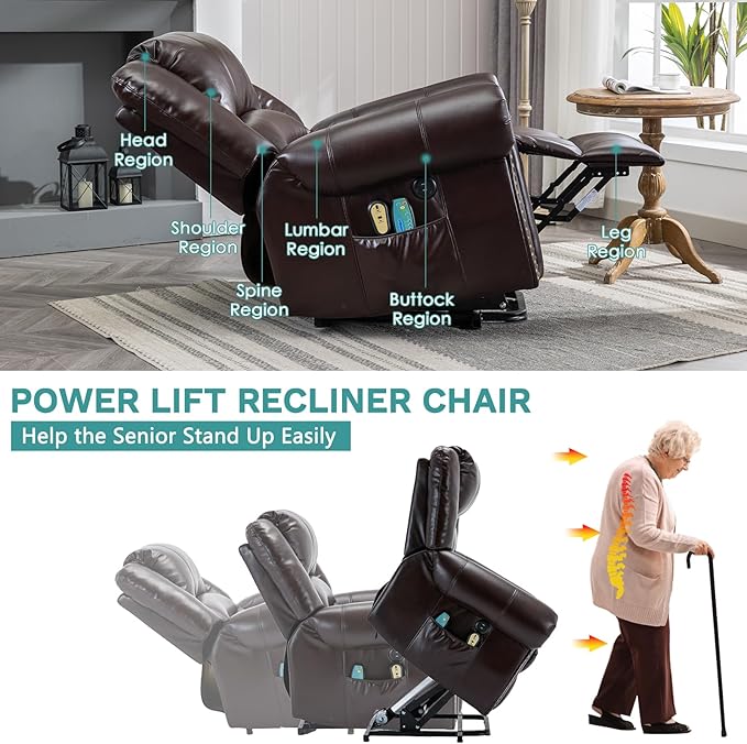 MEETWARM Large Power Lift Electric Recliner Chair with Massage and Heat, Overstuffed Wide Recliner for Elderly, Heavy Duty sofa for Living Room with 2 Remote Control/USB Ports/Side Pockets(Dark Brown)