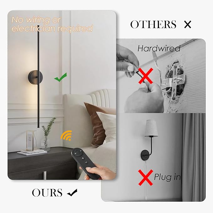 Battery Operated Wall Sconces, Dimmable Wall Sconces Set of Two, 350°Rotate, 3000K LED Black Wireless Wall Light for Living Room, Bedroom,Hallway, 40.1 Inch (2 Pack)