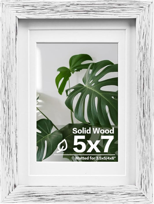 Egofine 5x7 Picture Frames Made of Solid Wood with Plexiglass, Display Pictures 3.5x5/4x6 with Mat or 5x7 Without Mat for Tabletop and Wall Mounting, Driftwood White