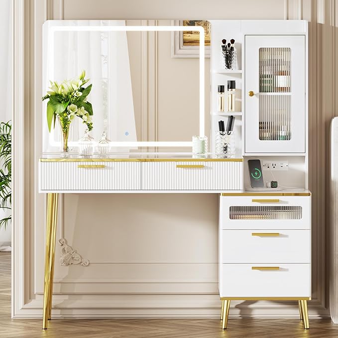 47.24" Big Modern Vanity Desk with Mirror and Lights,Makeup Vanity Desk with 5 Drawers and Storage Shelves & Power Outlet,Dressing Table with Glass Top, White