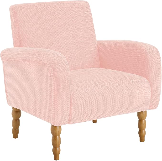 Accent Armchair Set of 1, Mid-Century Modern Living Room Chairs with Gourd-Like Shape Wooden Legs, Chenille Upholstered Single Sofa Reading Chair for Living Room Bedroom Guest Room,Pink