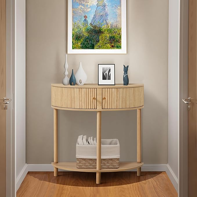 Fluted Half Moon Console Table, Modern Small Entry Table Sofa Table with Storage, Solid Wood Legs Narrow Entryway Table for Living Room, Hallway, Foyer(Natural)