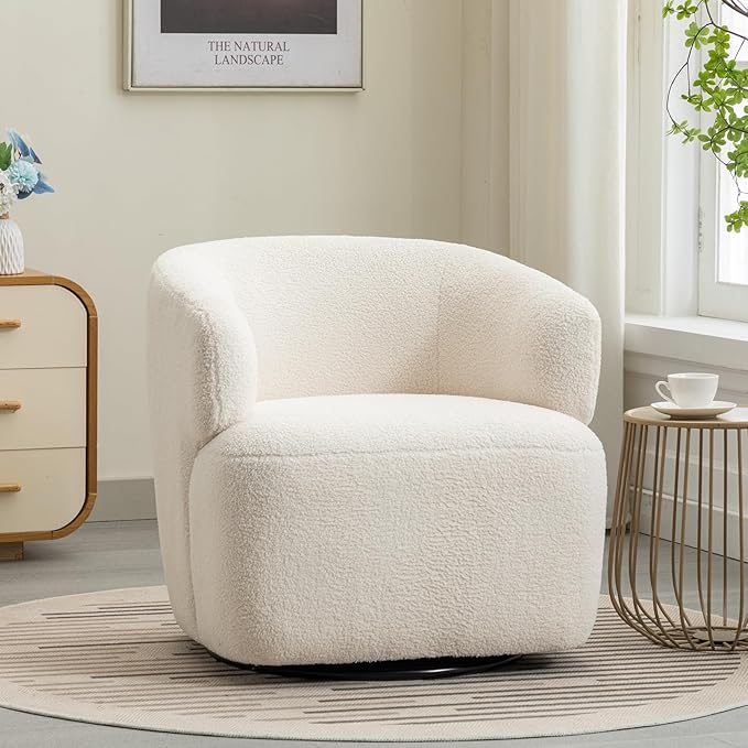 Swivel Accent Chair, Sherpa Teddy Barrel Chair for Living Room, Cozy Round Boucle Arm Chair, Metal Base for Club Nursery Bedroom, Beige Cream White