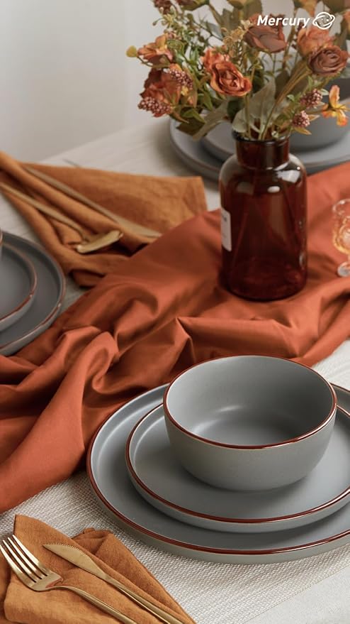 Famiware Mercury Plates and Bowls Sets, 12 Pieces Stoneware Dinnerware Sets, Dishes Set for 4, Microwave and Dishwasher Safe, Dark Grey