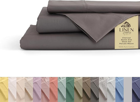 Linen Home 100% Cotton Percale Sheets Queen Size, Charcoal, Deep Pocket, 4 Pieces Set - 1 Flat, 1 Deep Pocket Fitted Sheet and 2 Pillowcases, Crisp Cool and Strong Bed Linen