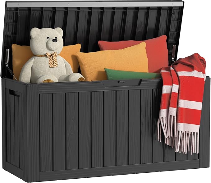 80 Gallon Outdoor Storage Box Waterproof, UV Resistant Resin Deck Box with Hydraulic Rod, Reinforced Stability for Patio, Garden, Striped Black