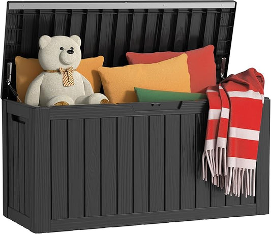 80 Gallon Outdoor Storage Box Waterproof, UV Resistant Resin Deck Box with Hydraulic Rod, Reinforced Stability for Patio, Garden, Striped Black