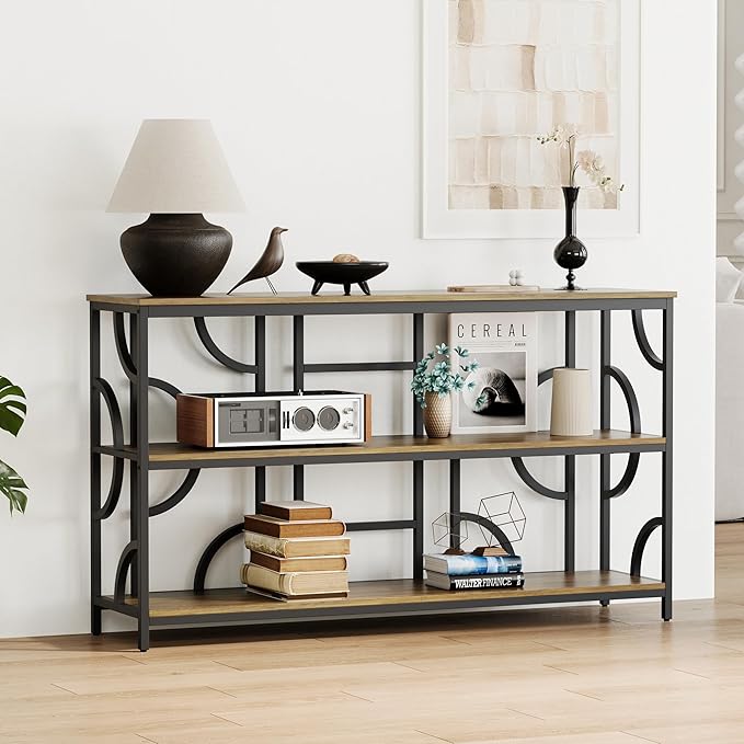 55'' Industrial Sofa Table, 3-Tier Storage Console Table with Unique Geometric Design, Behind Couch Accent Table for Entryway, Living Room, Foyer, Hallway, Office - Rustic Brown