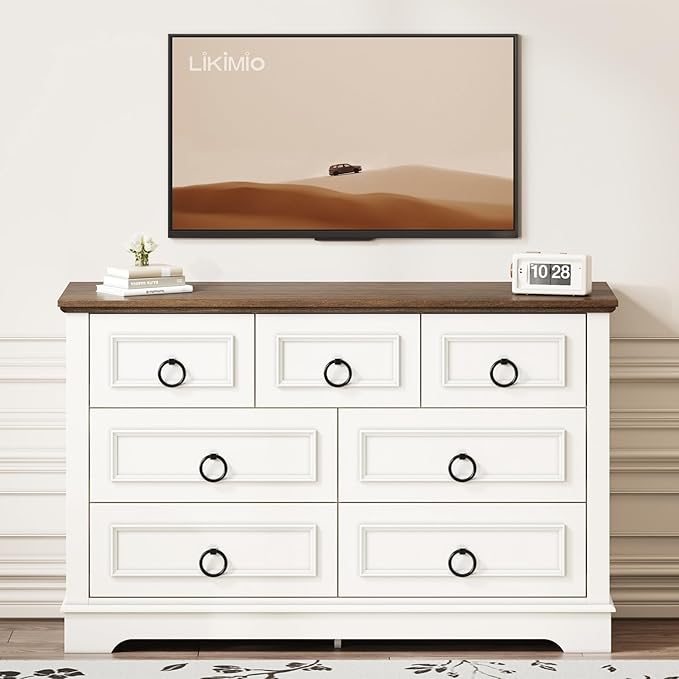 LIKIMIO White Dresser for Bedroom, 47.2" W Farmhouse 7 Drawer Dresser with Round Metal Handle, Thickened Desktop, Wood Rustic Chest of Drawers for Hallway, Entryway