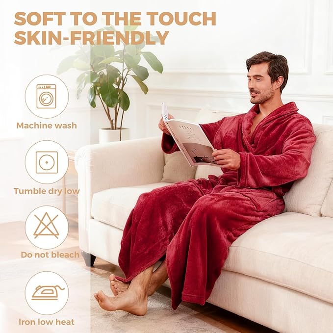 FashGudim Mens Robes Big and Tall Full Length Plush Fleece Long Robe for Men Bathrobe Shawl Collar Warm Winter House Robes