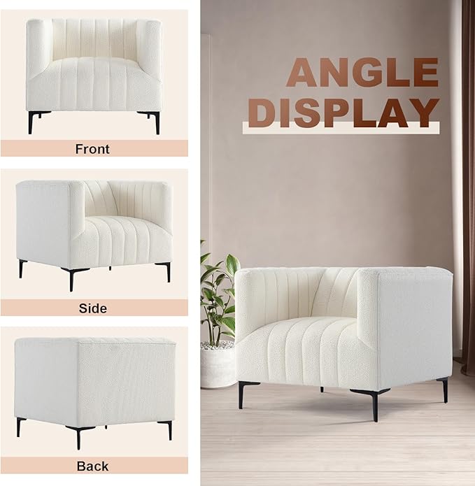 Get Set Style Modern Accent Single Sofa Chair with Arms,Tufted Boucle Upholstered Comfy Reading Arm Chair,Thick Seat Cushion Chair for Living Room Bedroom Study Studio Lounge, White