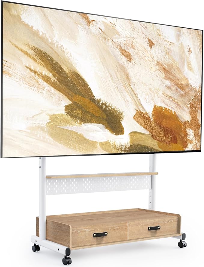 FITUEYES Rolling TV Stand with Drawers for 70 to 100 Large TV Screens，Mobile TV Floor Stand on Wheels with Ample Storage Pegboard & Wooden Shelf, Rolling TV Cart Hold up to 176 lbs, Max VESA 850 x 600