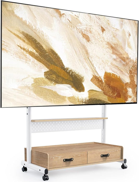 FITUEYES Rolling TV Stand with Drawers for 70 to 100 Large TV Screens，Mobile TV Floor Stand on Wheels with Ample Storage Pegboard & Wooden Shelf, Rolling TV Cart Hold up to 176 lbs, Max VESA 850 x 600