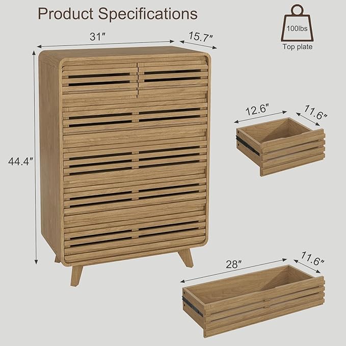 Fluted Dresser for Bedroom, Tall Dresser with 6 Drawers, Chests of Drawers with Grille & Curved Design, Dressers Slides Pre-Installed, Large Wood Drawer Organizer for Bedroom Hallway, Natural Oak