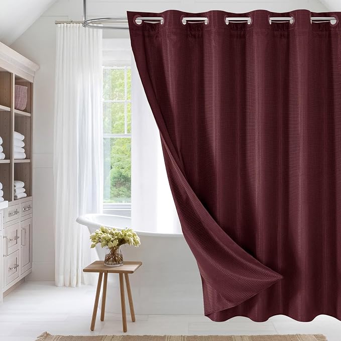 MitoVilla No Hooks Needed Burgundy Waffle Shower Curtain with Snap-in Liner, Modern Waffle Weave Heavy Duty Fabric Cloth Shower Curtain for Luxury Neutral Hotel Spa Bathroom Decor, 72 x 74, Burgundy