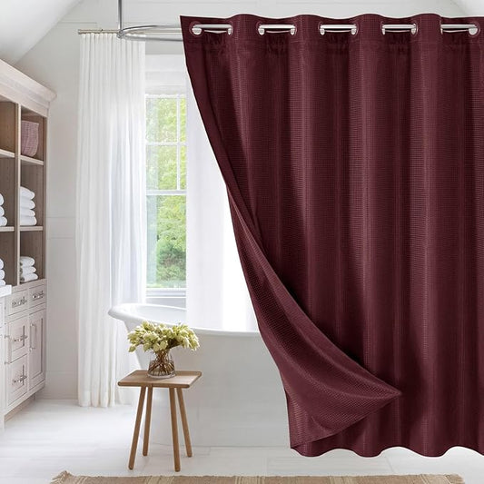 MitoVilla No Hooks Needed Extra Long Shower Curtain Set with Snap-in Liner, Burgundy 86 inch XL Heavyweight Waffle Fabric Cloth Shower Curtains for Modern Luxury Hotel & Spa Bathroom Decor, Burgundy